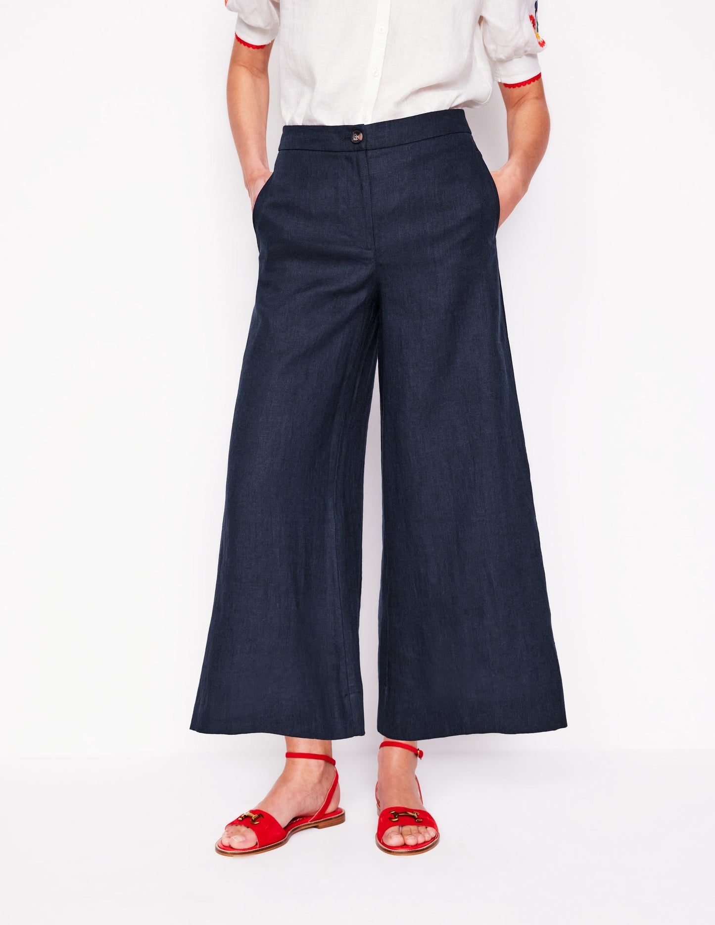 Weite Leinenhose mit verkürztem Schnitt-Marineblaue