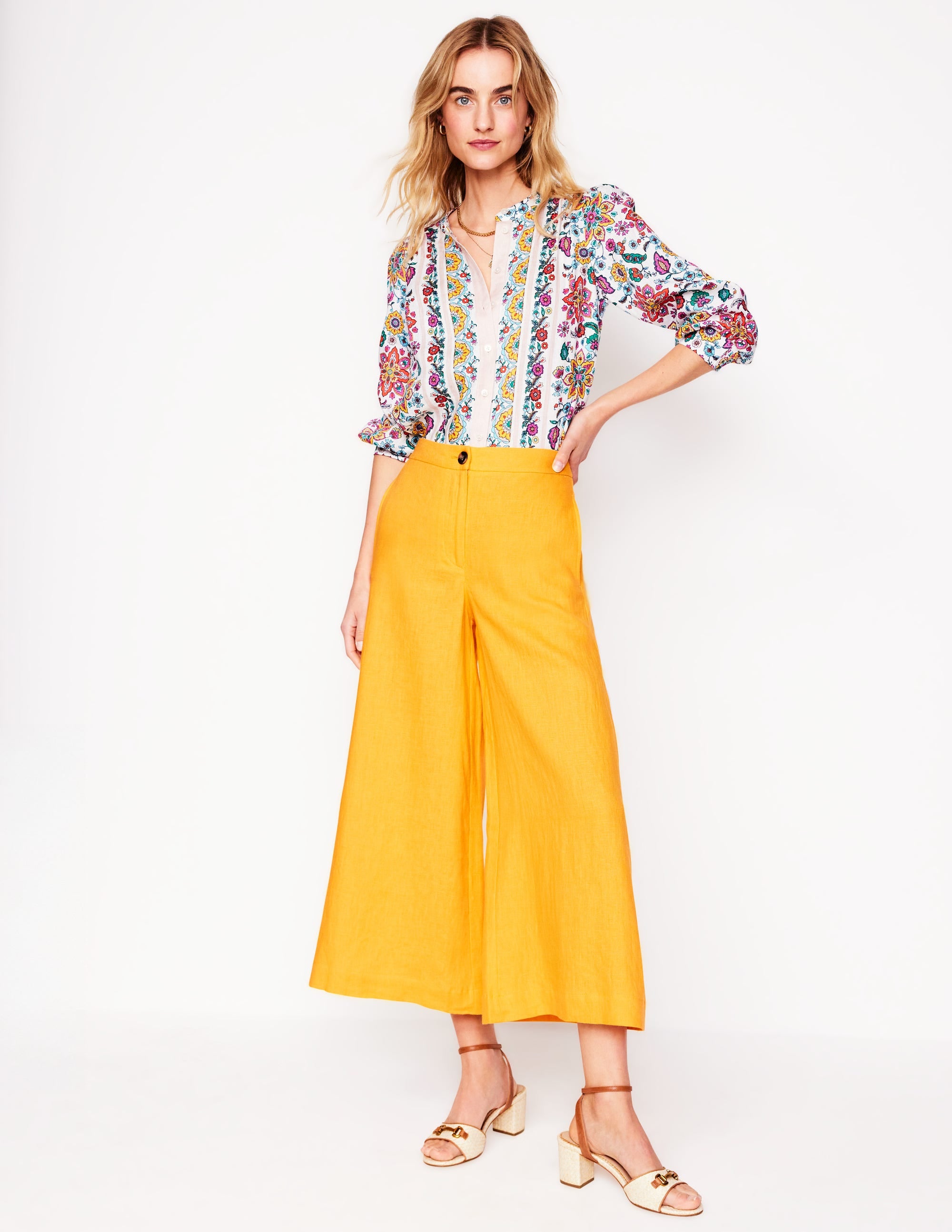 Wide Crop Linen Trousers-Summers Sun Yellow - Image 1