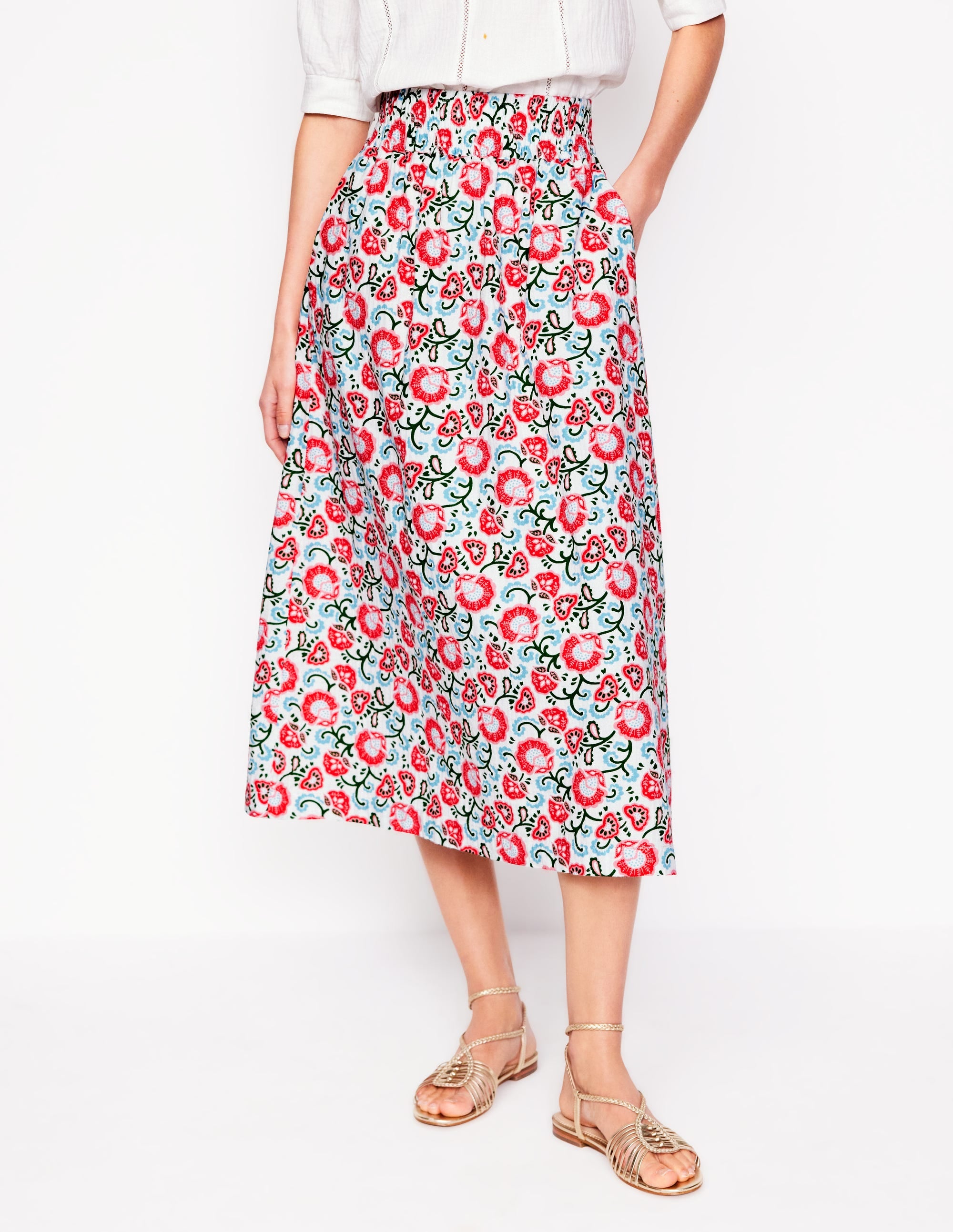 Double Cloth Smocked Skirt-Ivory, Garden Vine - Image 4