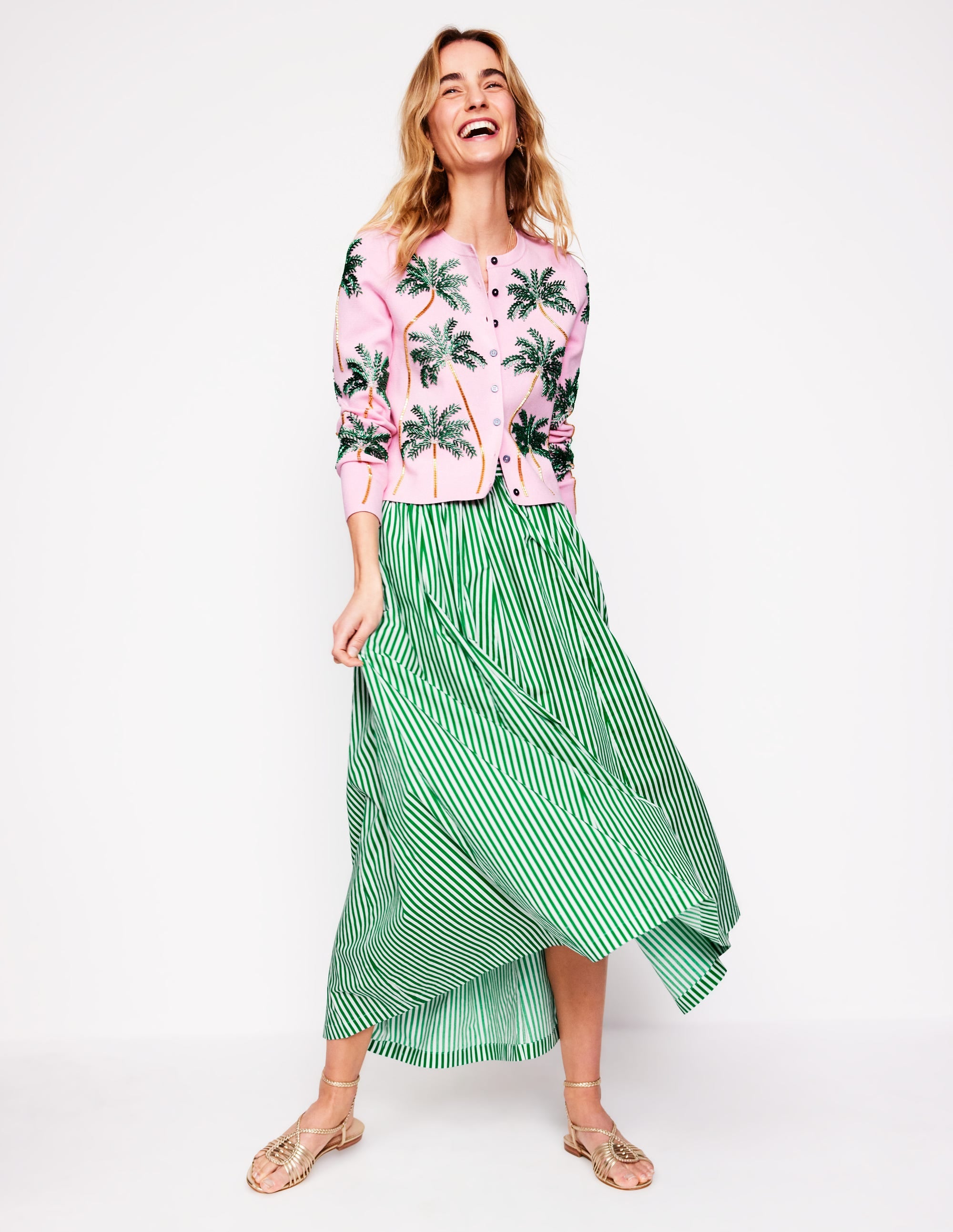 Full Poplin Maxi Skirt-Rich Emerald, Fine Stripe - Image 1