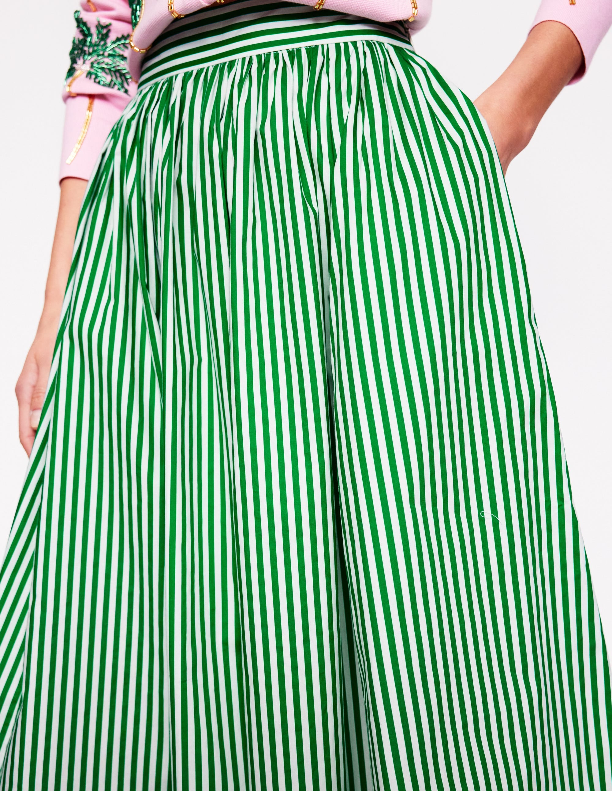 Full Poplin Maxi Skirt-Rich Emerald, Fine Stripe - Image 2