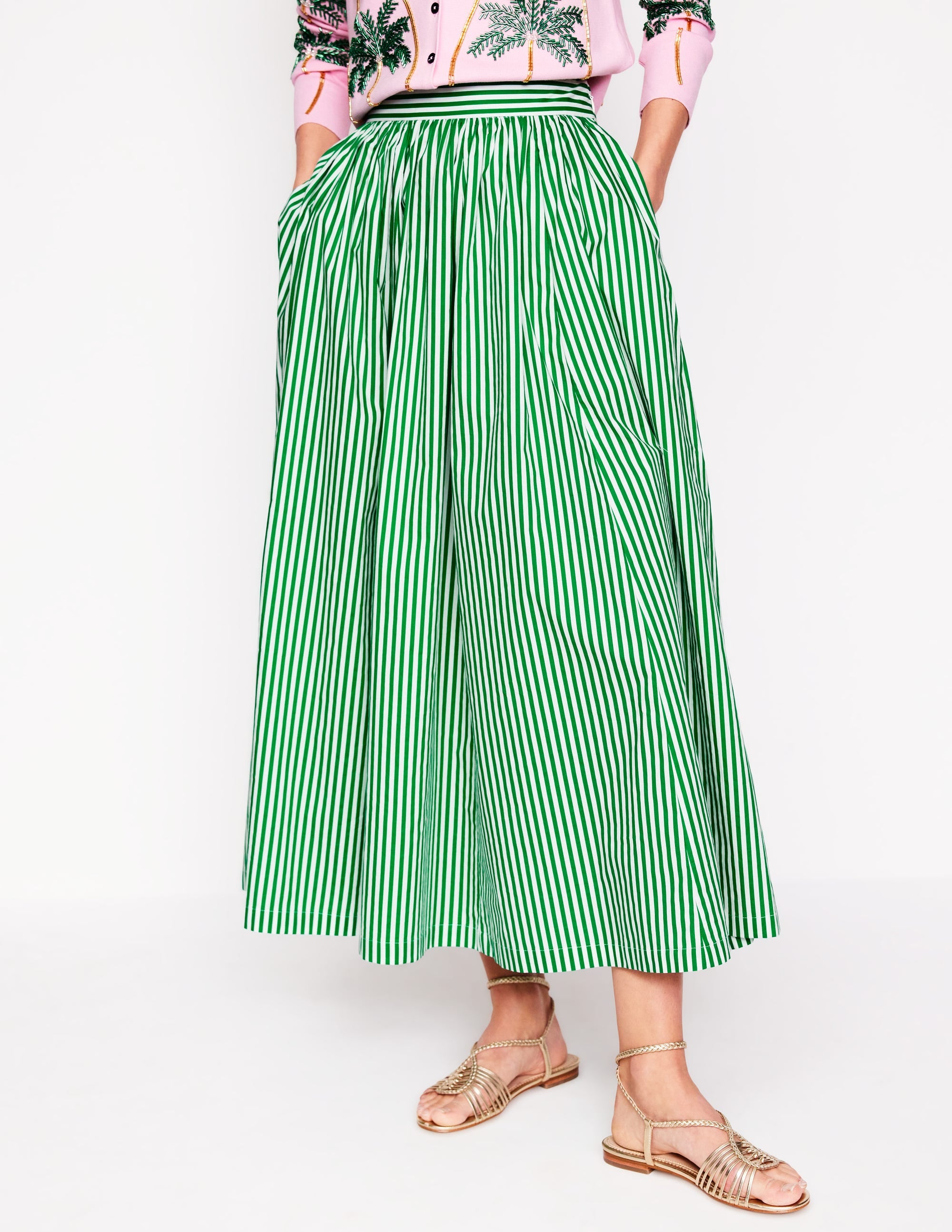 Full Poplin Maxi Skirt-Rich Emerald, Fine Stripe - Image 3