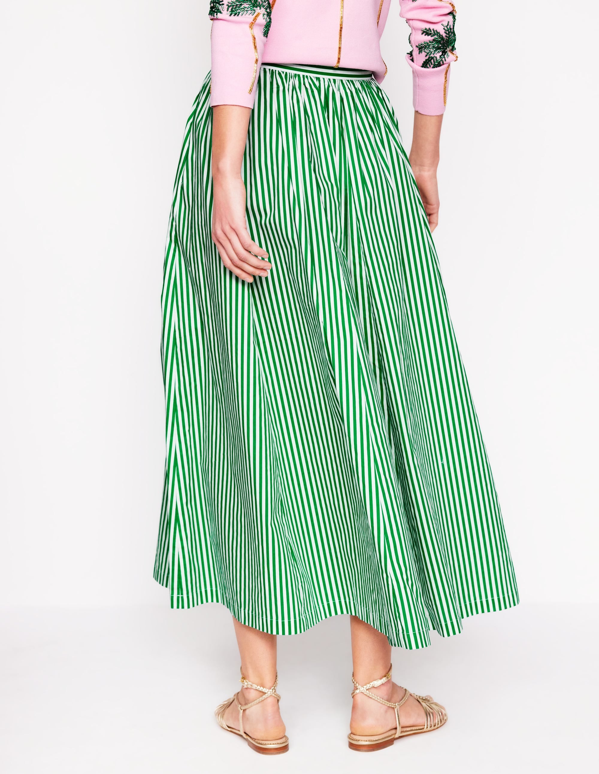 Full Poplin Maxi Skirt-Rich Emerald, Fine Stripe - Image 4
