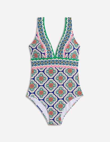 Porto Badeanzug mit V-Ausschnitt-Leuchtendes Blau, Botanic Blush-Motiv