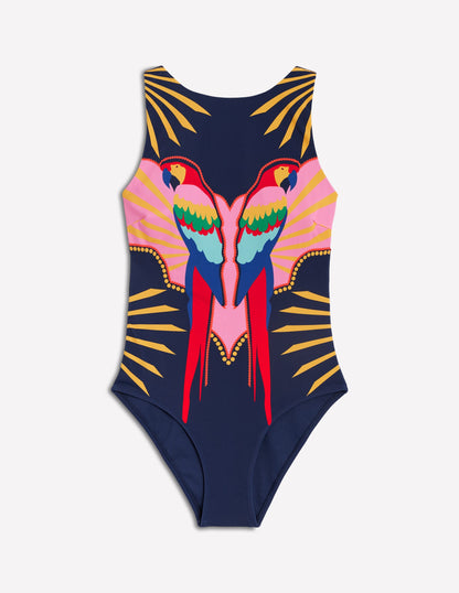 Maillot de bain encolure large à nouer-Motif Paradise Parrot bleu marine