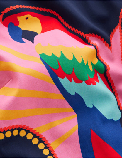 Maillot de bain encolure large à nouer-Motif Paradise Parrot bleu marine