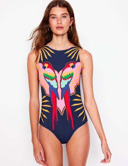 Maillot de bain encolure large à nouer-Motif Paradise Parrot bleu marine
