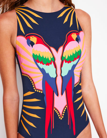 Maillot de bain encolure large à nouer-Motif Paradise Parrot bleu marine
