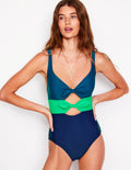 Tie Front Swimsuit-Navy/ Bright Green/ Blue