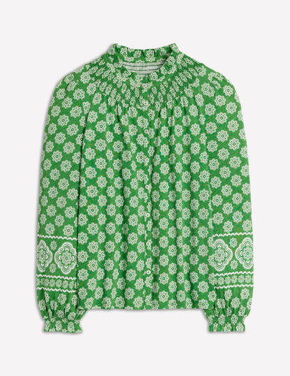 Chemise Fay smockée en jersey-Vert paradis, motif Botanic Blush