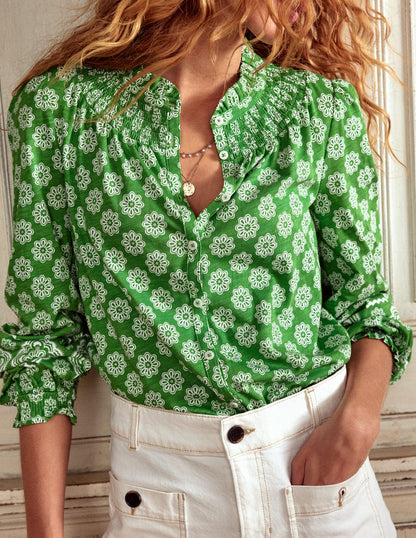 Chemise Fay smockée en jersey-Vert paradis, motif Botanic Blush