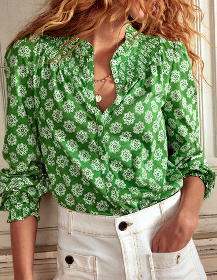 Chemise Fay smockée en jersey-Vert paradis, motif Botanic Blush