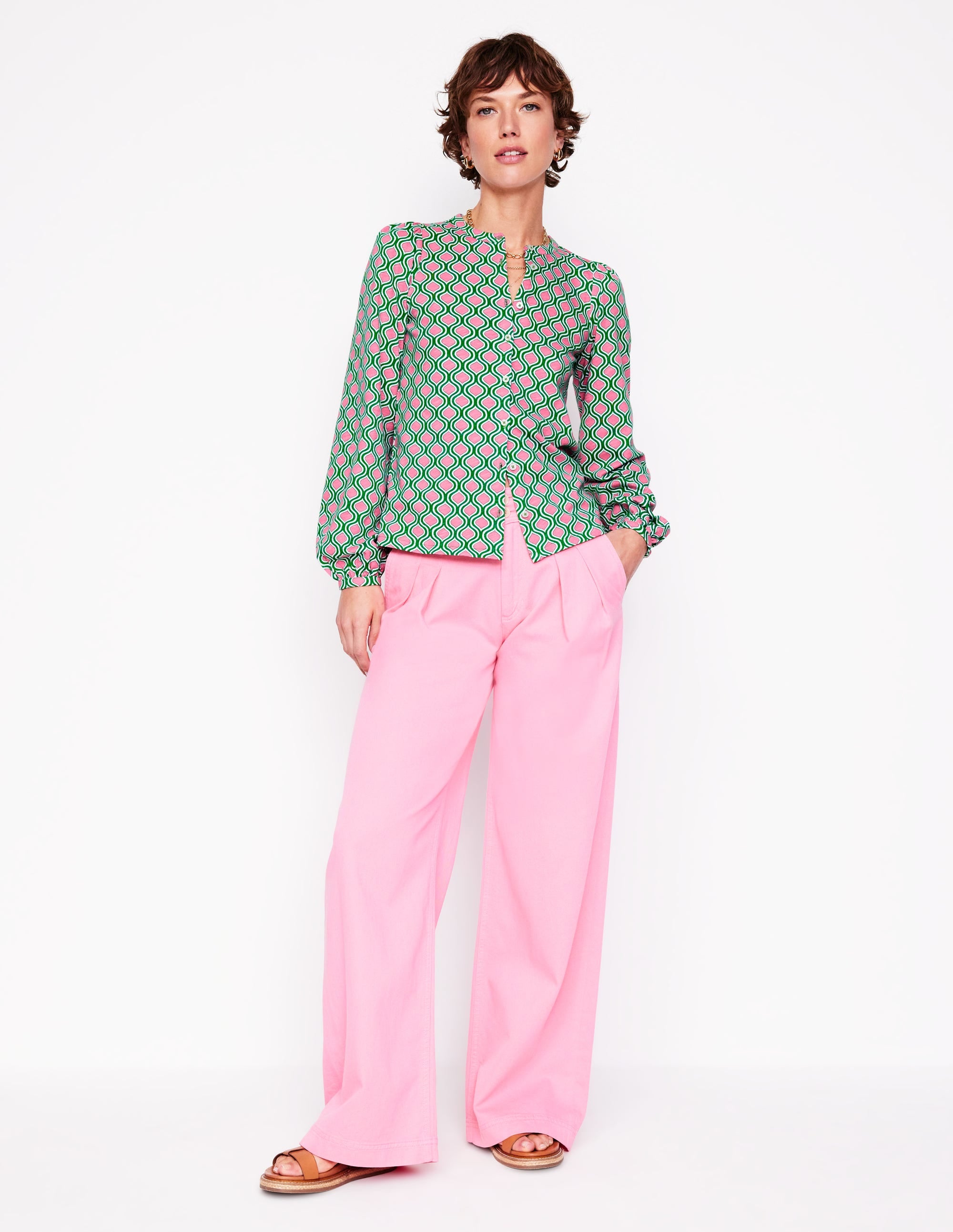 Chemise Marina en jersey-Émeraude profond, motif Geo Trellis - Image 1