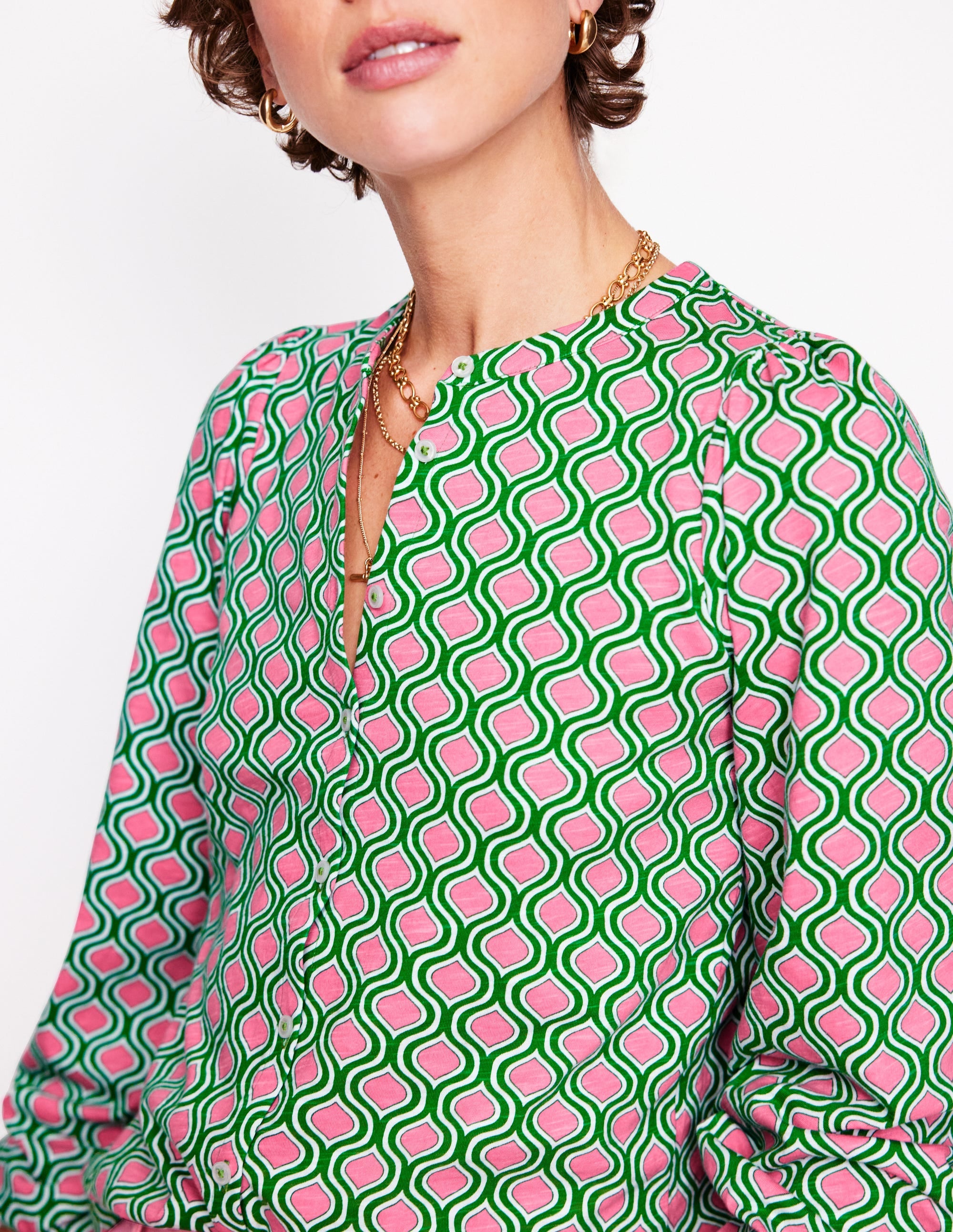 Chemise Marina en jersey-Émeraude profond, motif Geo Trellis - Image 2