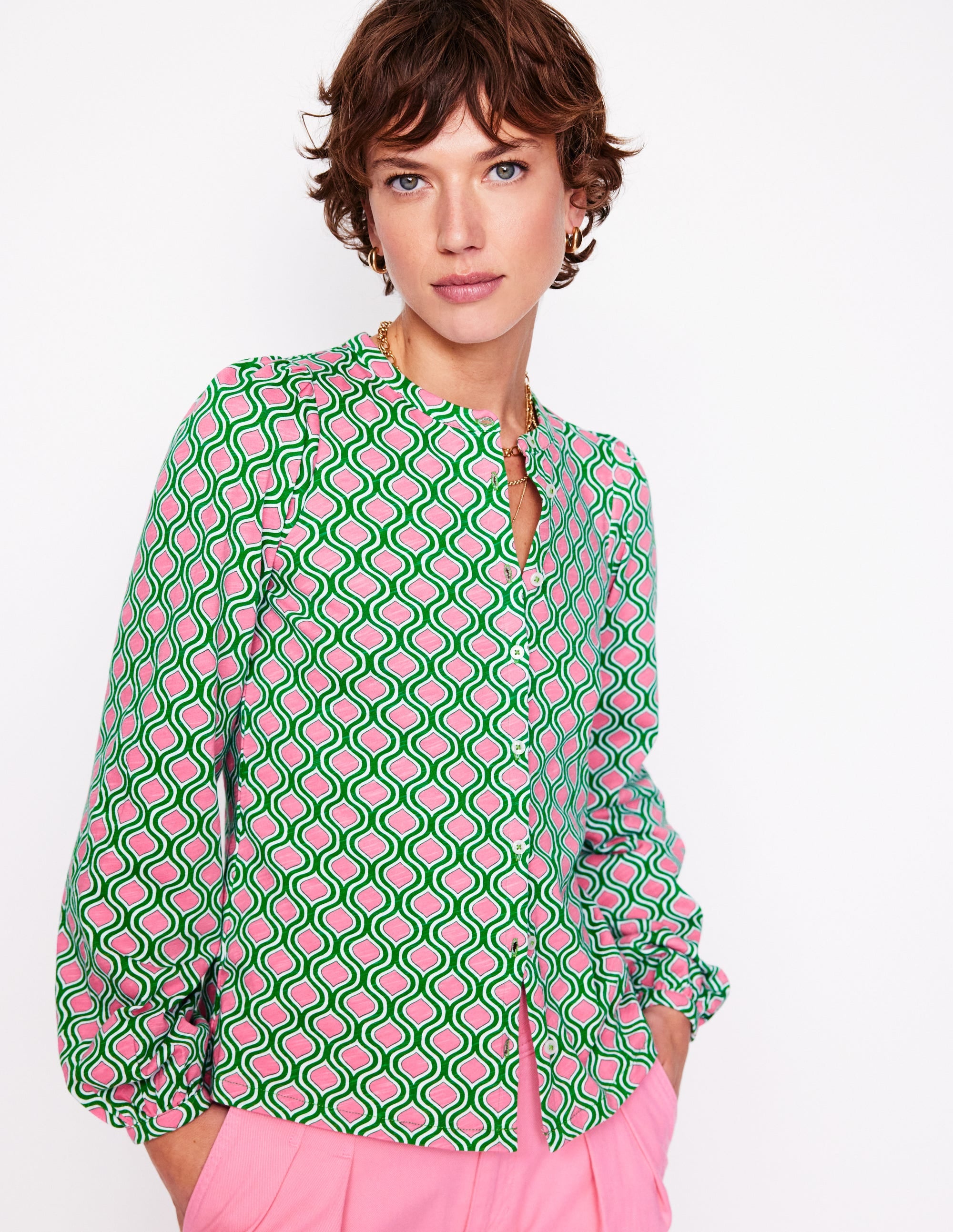 Chemise Marina en jersey-Émeraude profond, motif Geo Trellis - Image 4