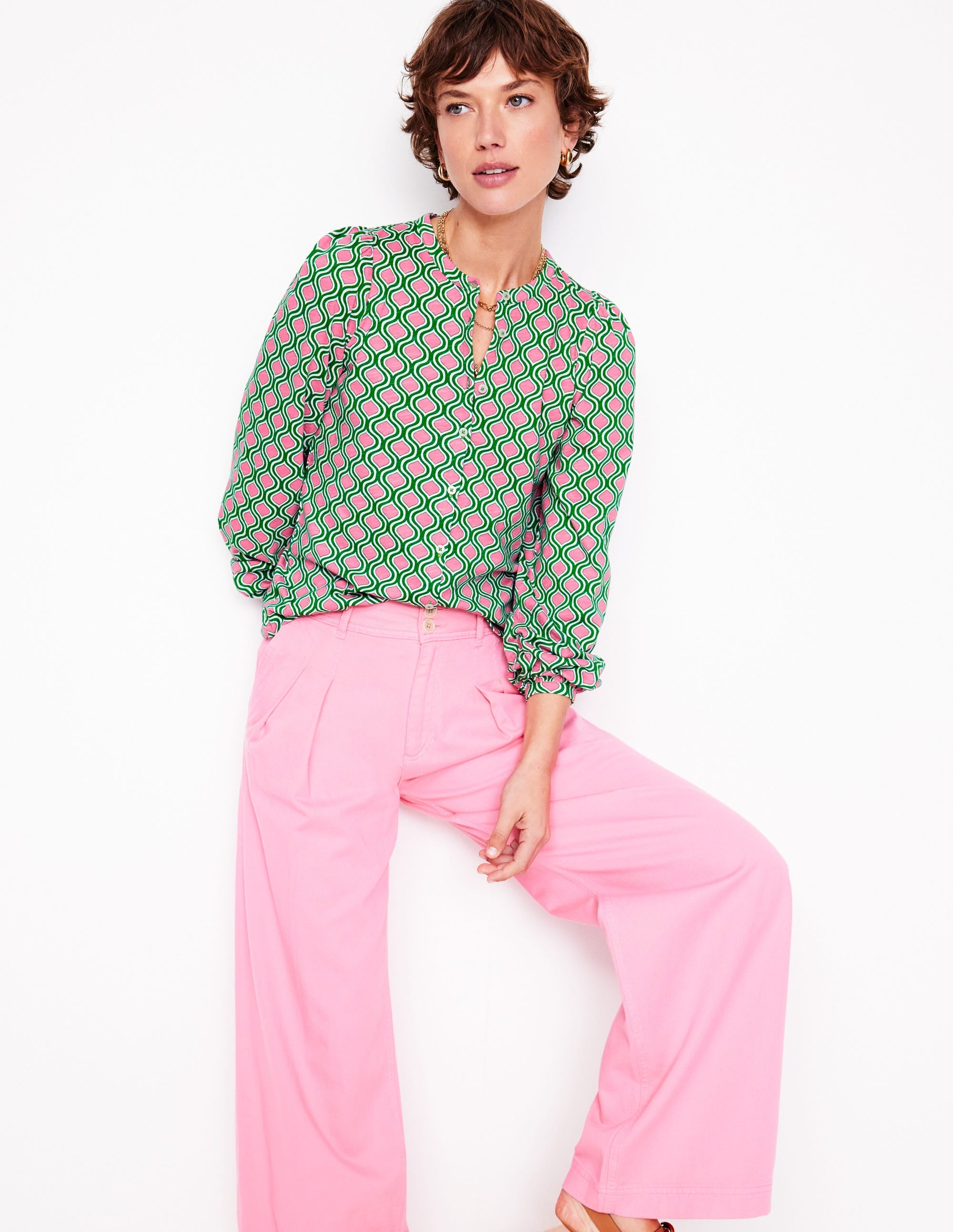Chemise Marina en jersey-Émeraude profond, motif Geo Trellis - Image 5