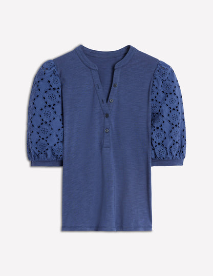 Eden Henley-Shirt mit Puffärmeln-Denim-Blau