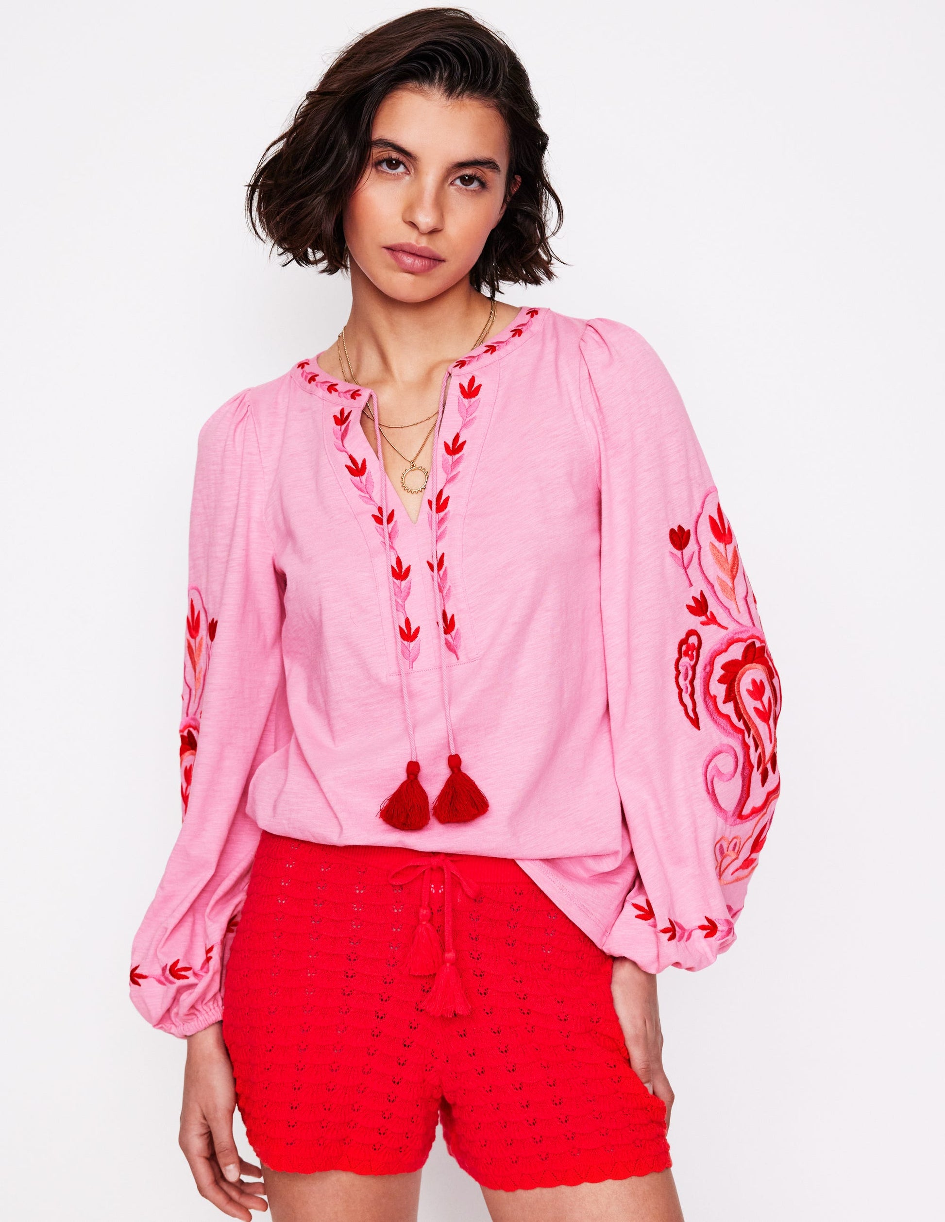 Nia Besticktes Oberteil-Helles Pink-1