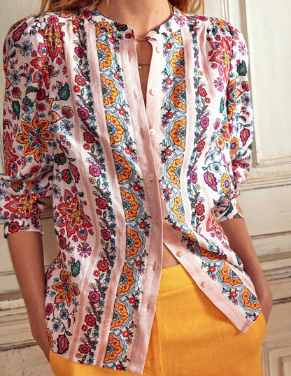 Top Alicia en lin-Motif Botanical Sprig ivoire
