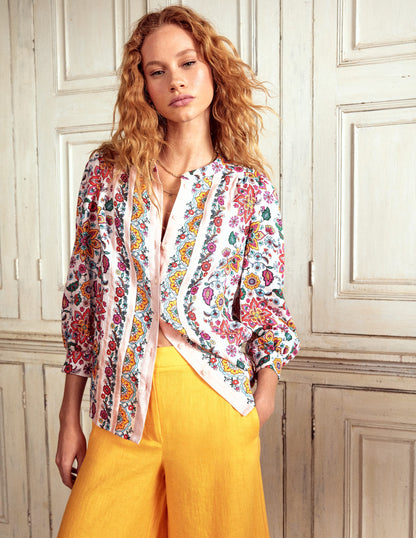 Top Alicia en lin-Motif Botanical Sprig ivoire