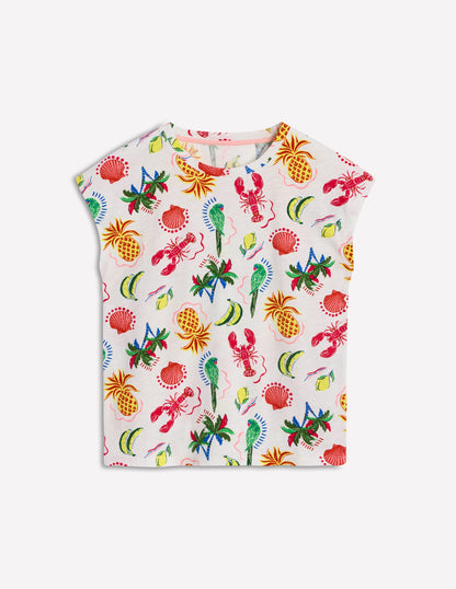 Bedrucktes T-Shirt mit Flammgarn-Naturweiß, Tropical Bonanza-Motiv