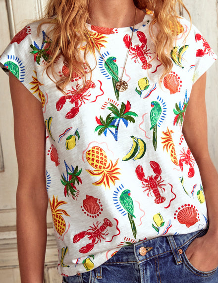 Bedrucktes T-Shirt mit Flammgarn-Naturweiß, Tropical Bonanza-Motiv