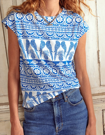 Bedrucktes T-Shirt mit Flammgarn-Himmelblau, Tropische Ornamente