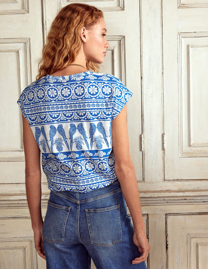 Bedrucktes T-Shirt mit Flammgarn-Himmelblau, Tropische Ornamente