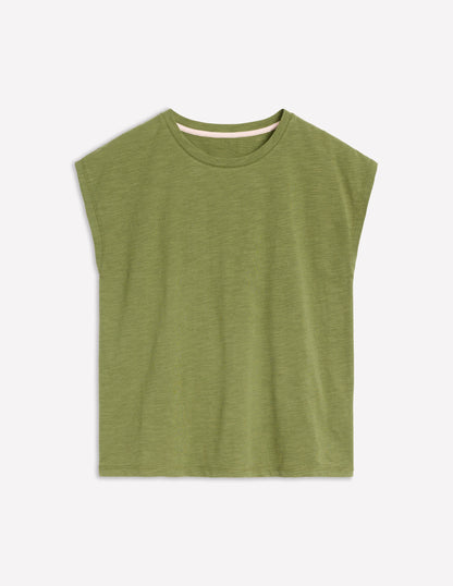 Bedrucktes T-Shirt mit Flammgarn-Dunkles Olivgrün