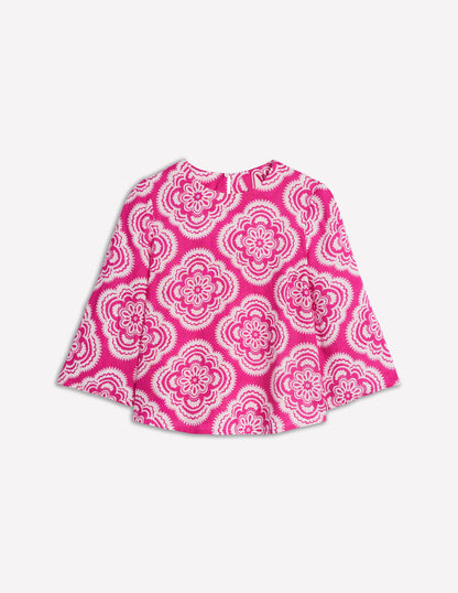 Fluted Sleeve Linen Top-Pink Peony, Botanic Blush