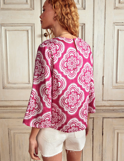 Fluted Sleeve Linen Top-Pink Peony, Botanic Blush