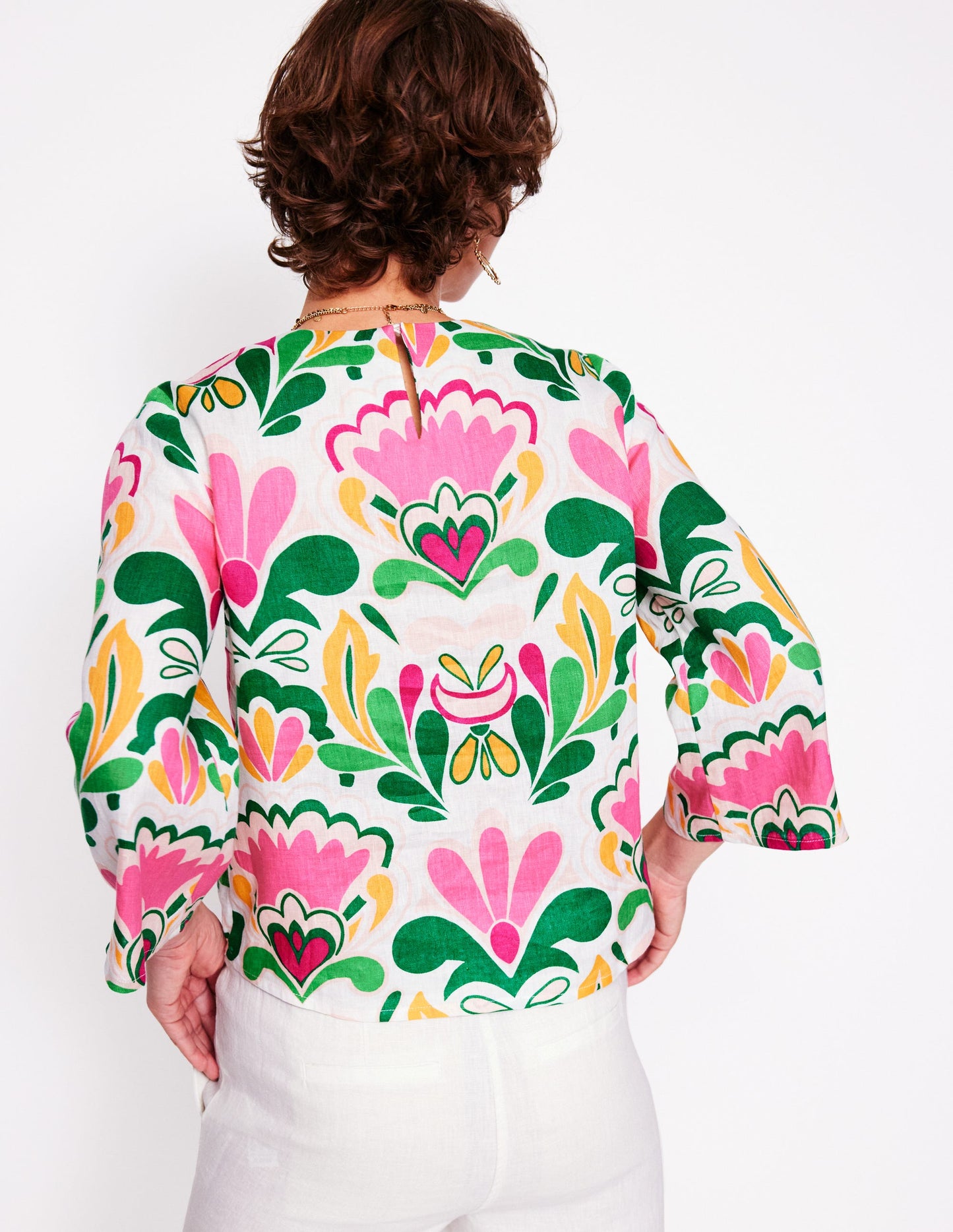 Fluted Sleeve Linen Top-Multi, Freesia Stamp