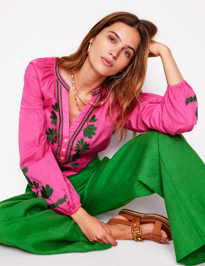 Besticktes Raglan-Oberteil aus Baumwolle-Sorbet-Rosa