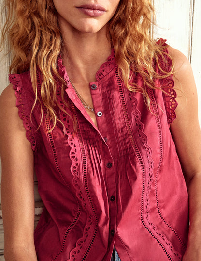 Sleeveless Broderie Top-Terracotta Red