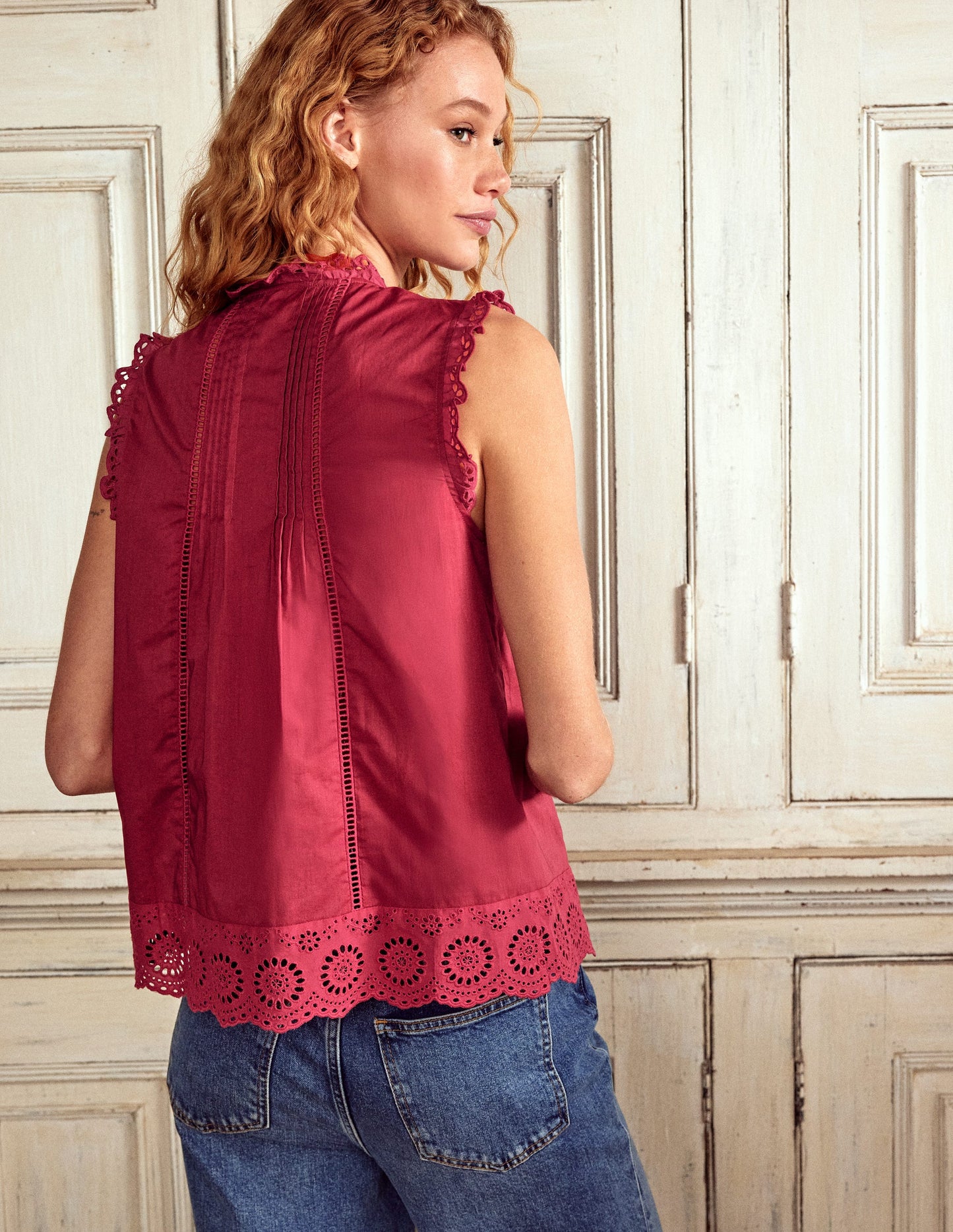 Sleeveless Broderie Top-Terracotta Red