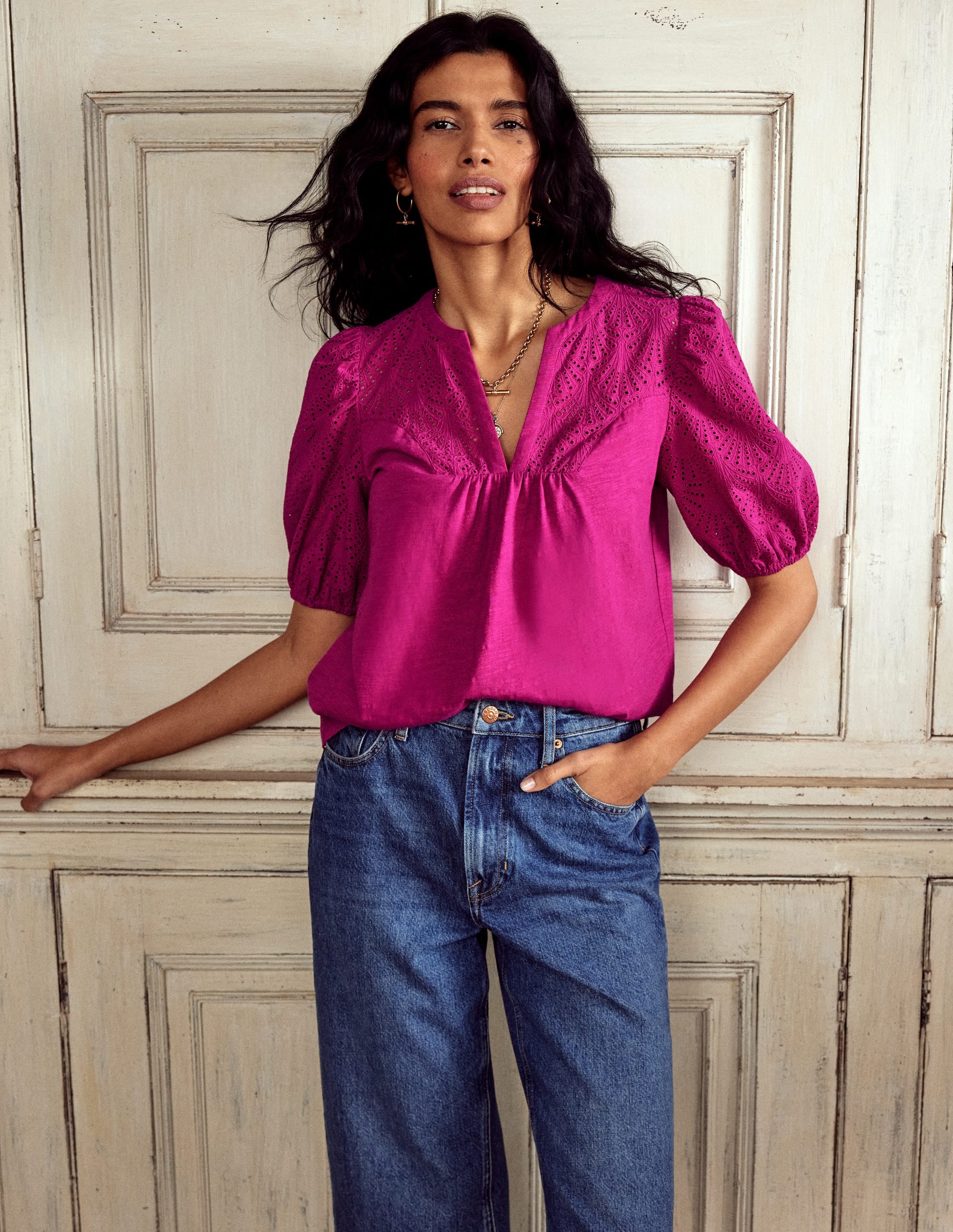 Top Dolly à broderie anglaise-Fuchsia - Image 1