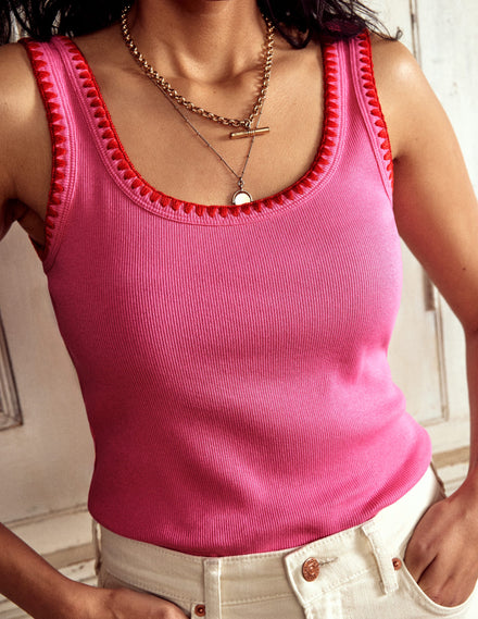 Crochet Trim Scoop Neck Vest-Pink