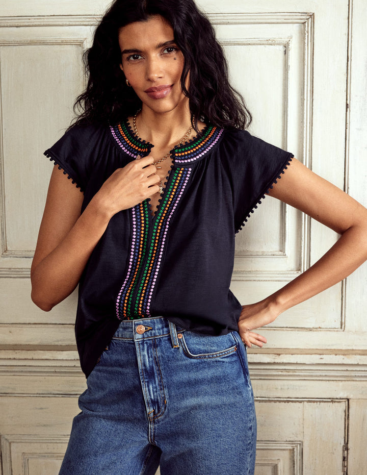 Oberteil mit Bommel-Passe-Aqua Marine Marl