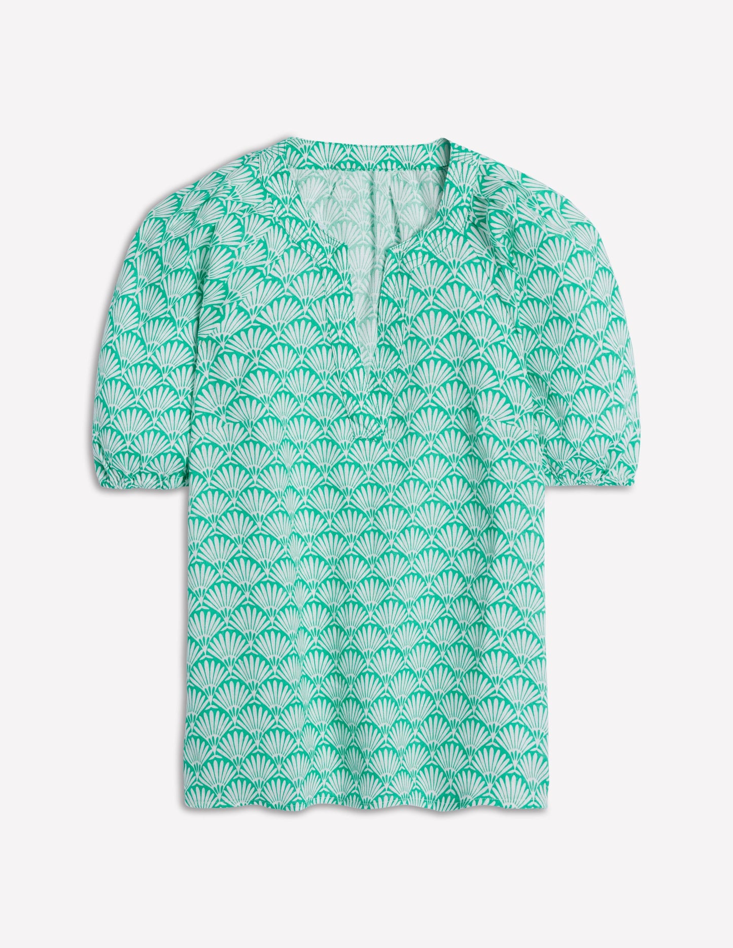 Top Brooke en lin-Aigue-marine, motif Deco Palm