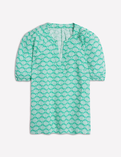 Top Brooke en lin-Aigue-marine, motif Deco Palm