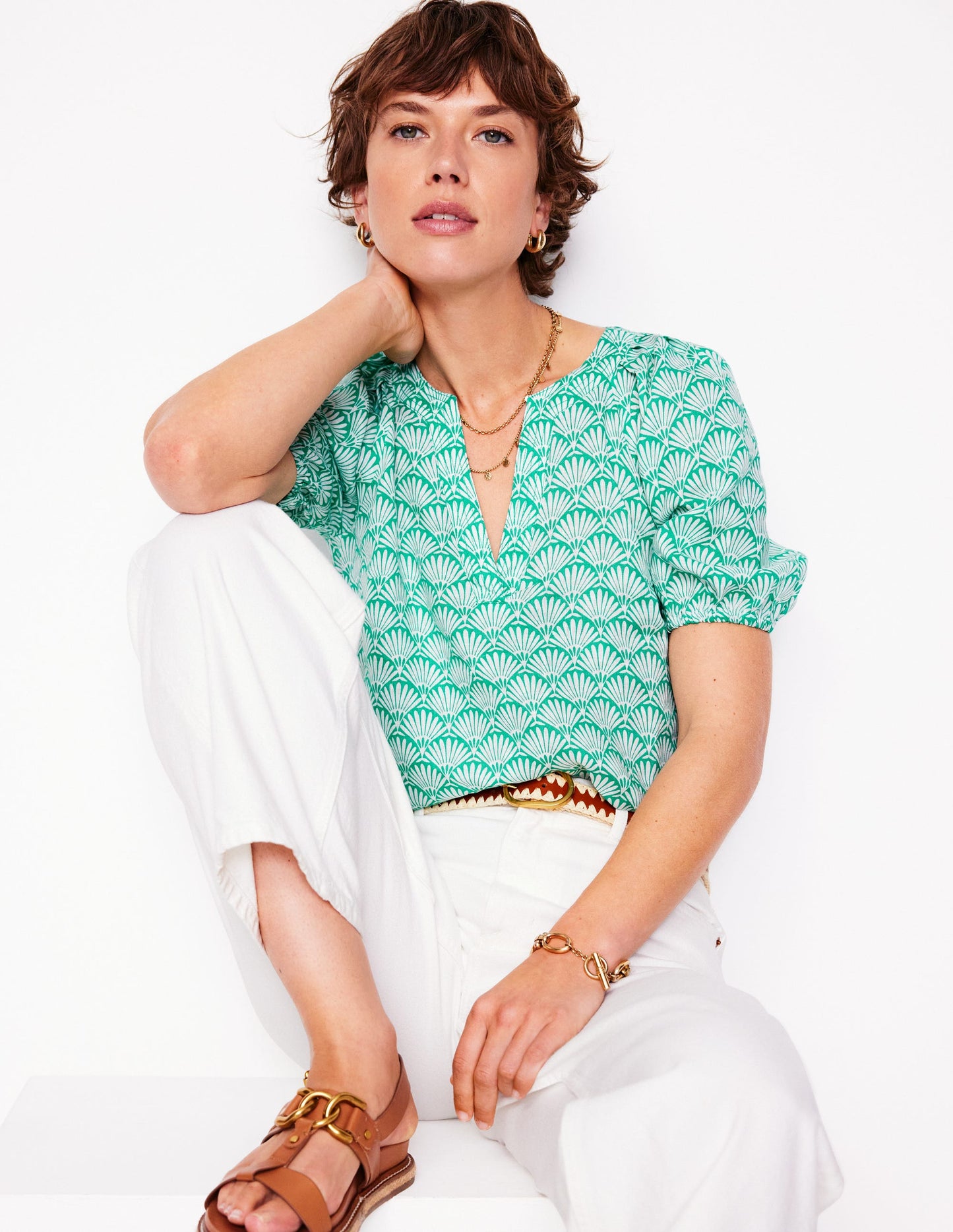 Top Brooke en lin-Aigue-marine, motif Deco Palm