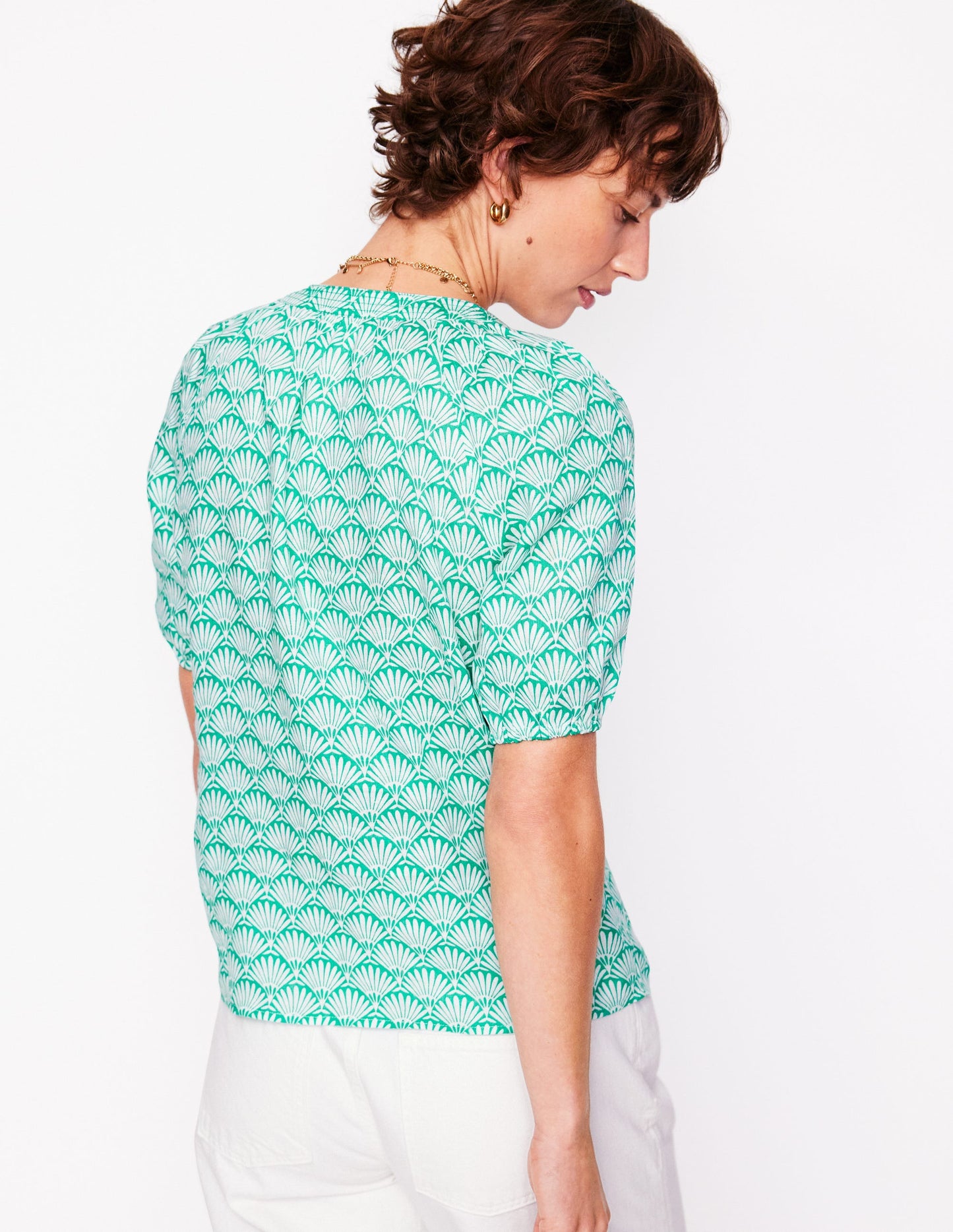 Top Brooke en lin-Aigue-marine, motif Deco Palm