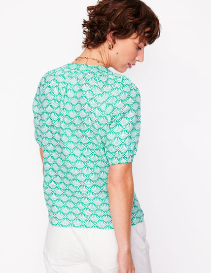 Top Brooke en lin-Aigue-marine, motif Deco Palm