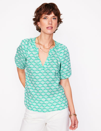 Top Brooke en lin-Aigue-marine, motif Deco Palm
