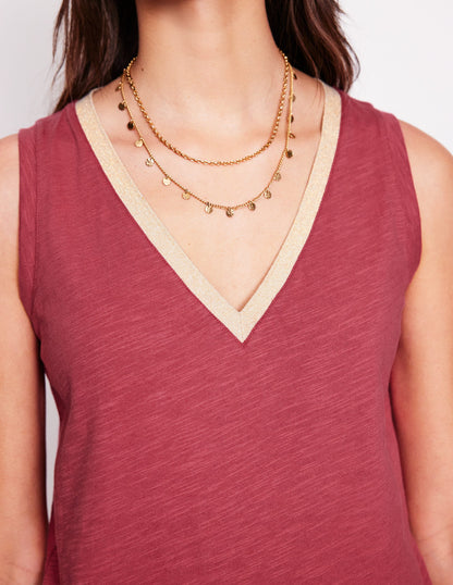 Top mit Metallic-Besatz und V-Ausschnitt-Terrakotta-Rot