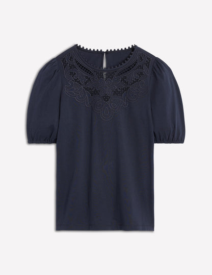 T-shirt ajouré à manches bouffantes-Bleu marine