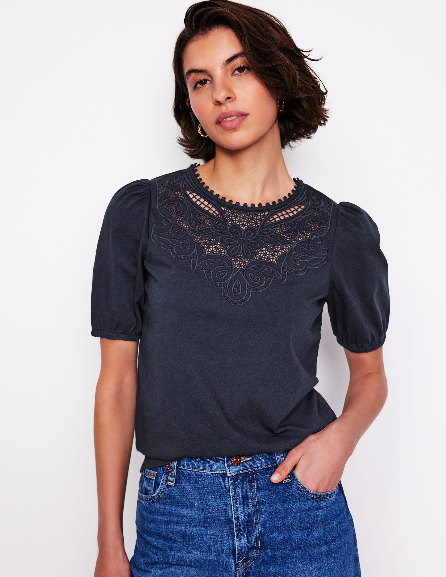 T-shirt ajouré à manches bouffantes-Bleu marine