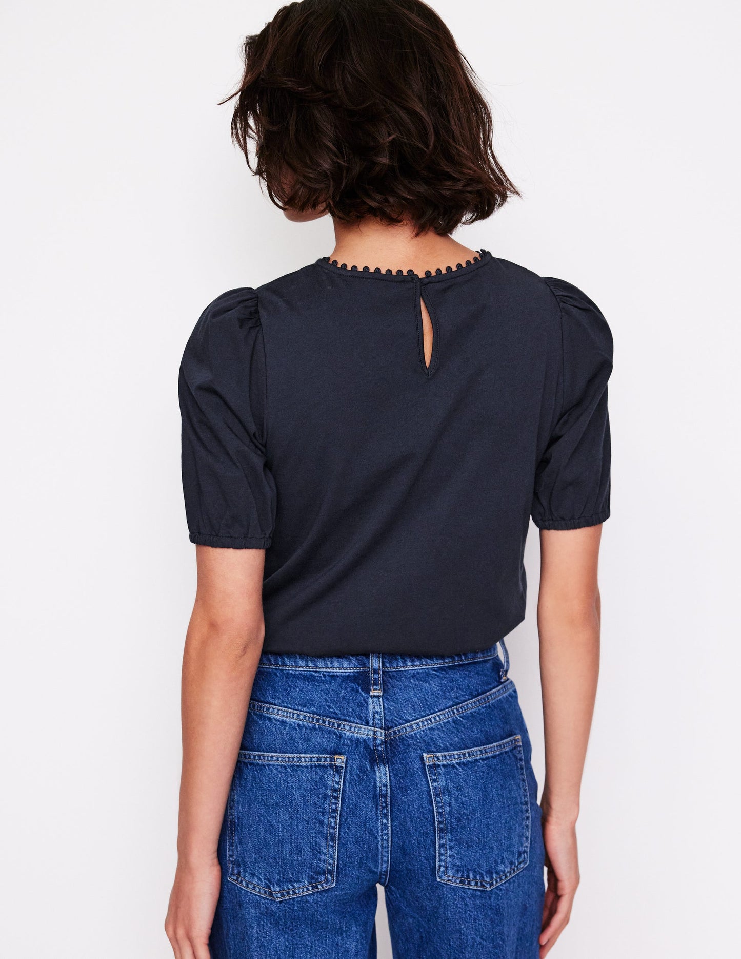 T-shirt ajouré à manches bouffantes-Bleu marine