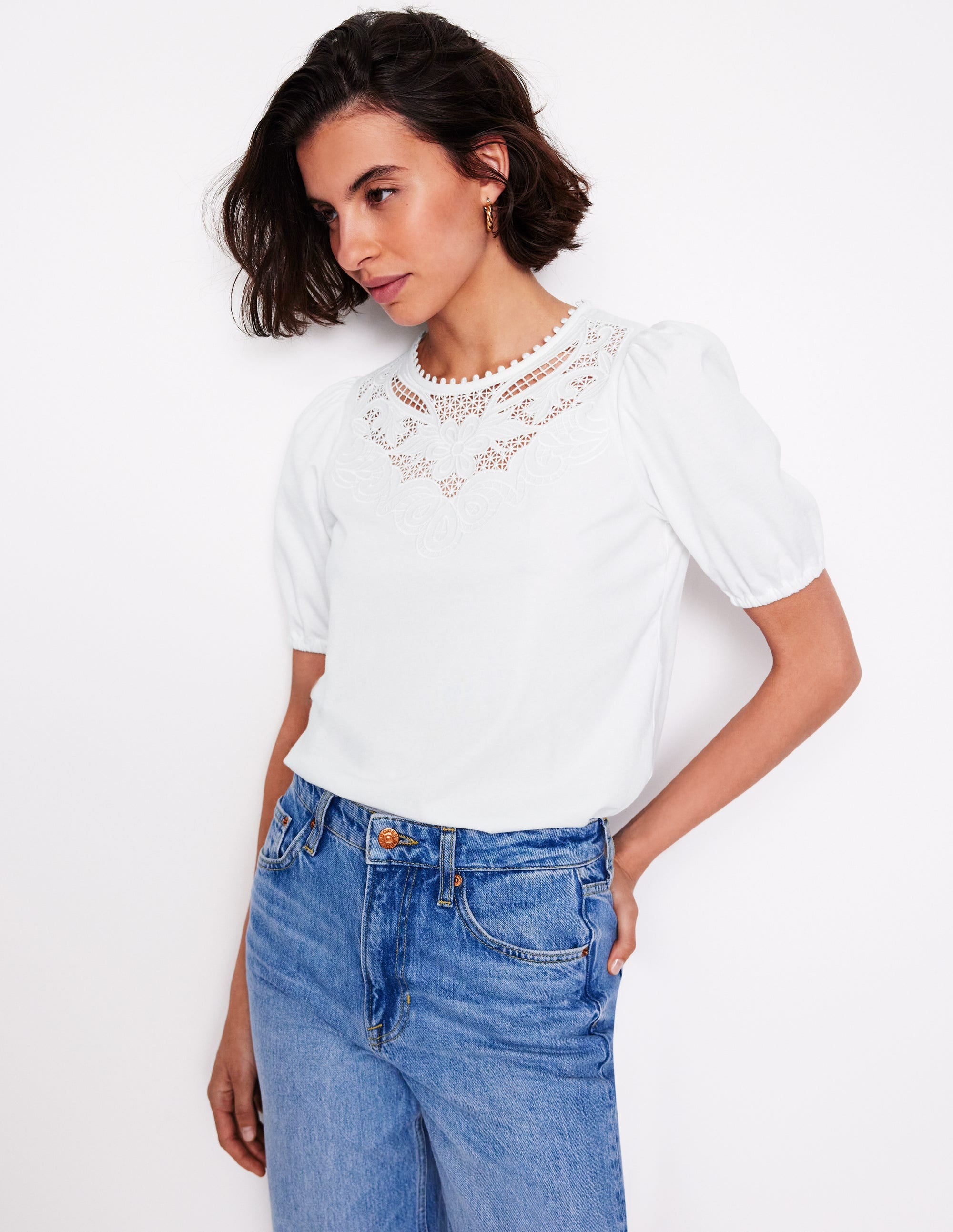 T-shirt ajouré à manches bouffantes-Blanc - Image 1
