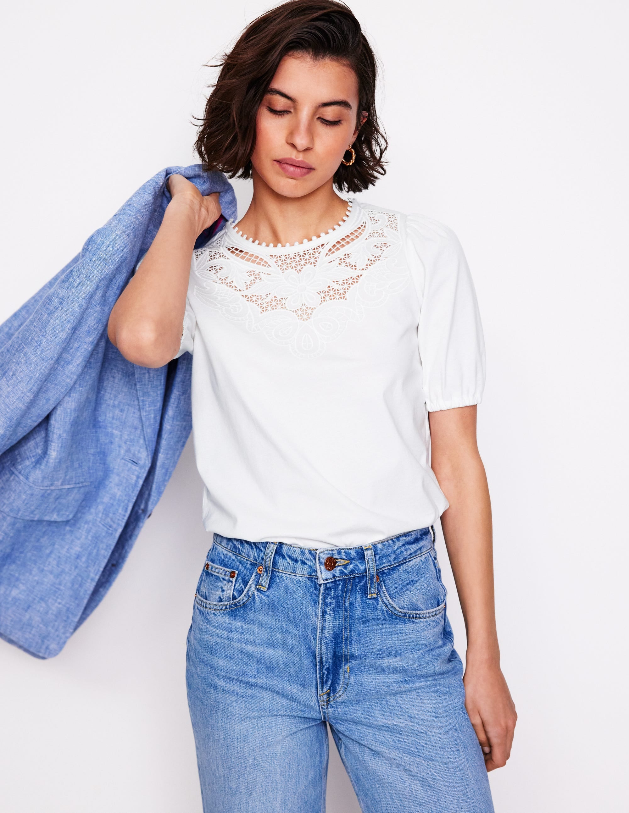 T-shirt ajouré à manches bouffantes-Blanc - Image 4